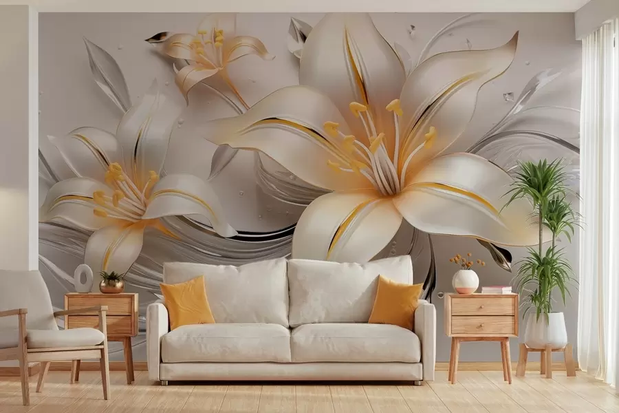murales de pared Lirios amarillos con efecto 3D sobre fondo claro w09278