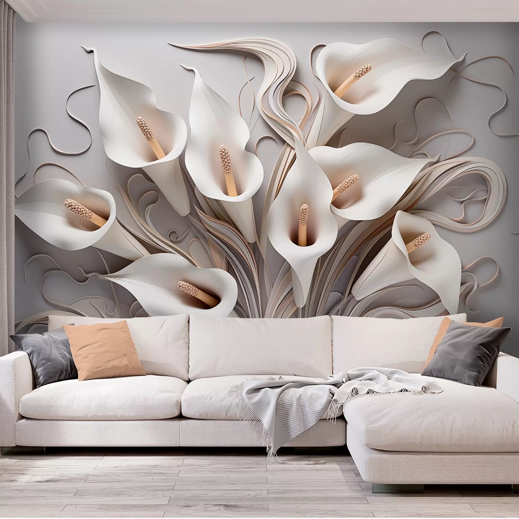 murales de pared Calas volumétricas en tonos crema con efecto 3D w09281