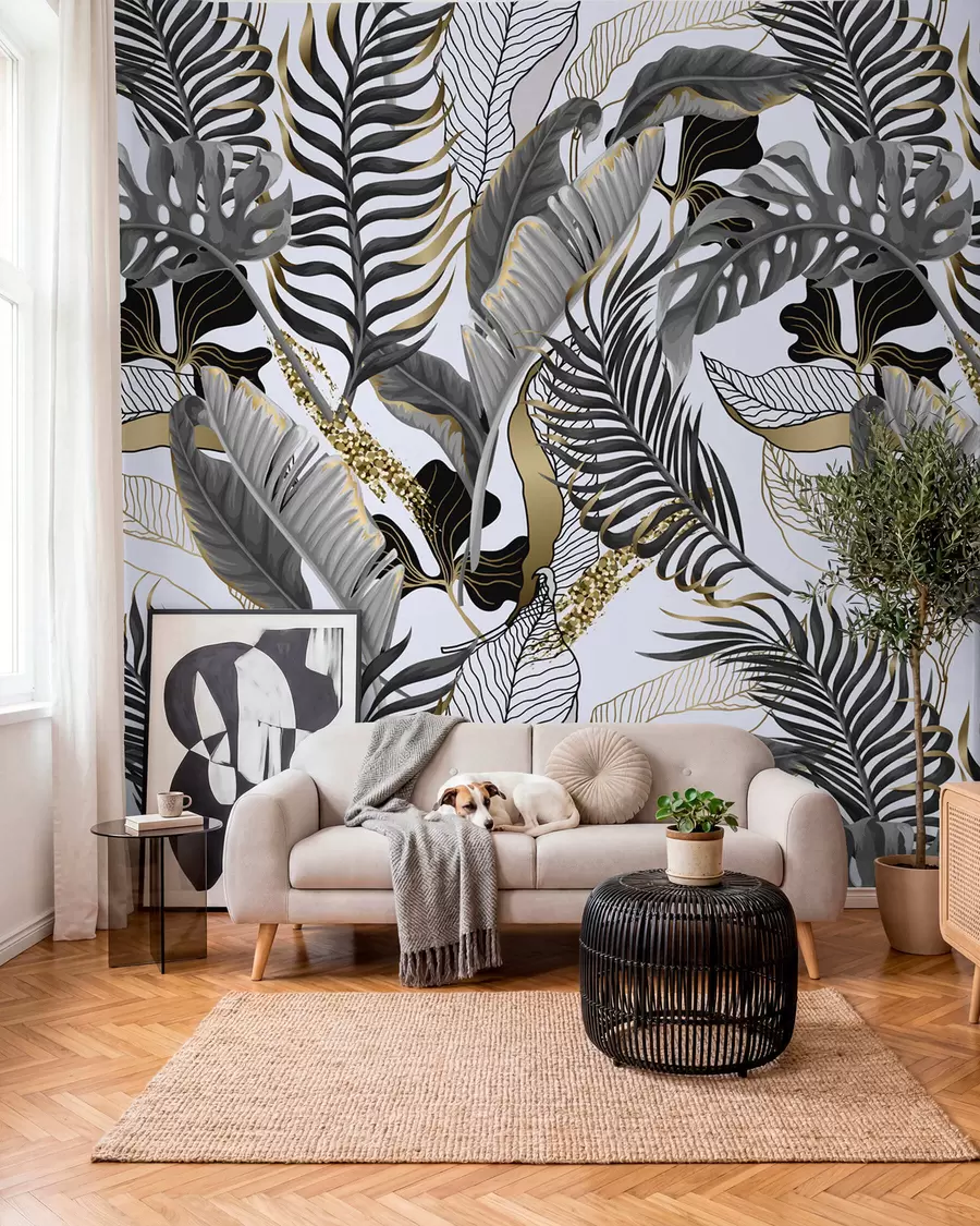 murales de pared Hojas tropicales grises sobre fondo blanco u71888