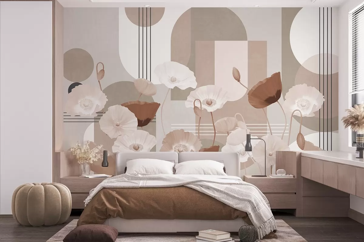 murales de pared Amapolas en colores blanco y beige con formas geométricas en el fondo, círculos y arcos, estilo minimalista, colores suaves w09289