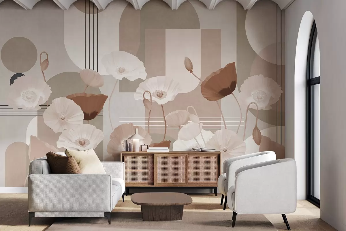murales de pared Amapolas en colores blanco y beige con formas geométricas en el fondo, círculos y arcos, estilo minimalista, colores suaves w09289