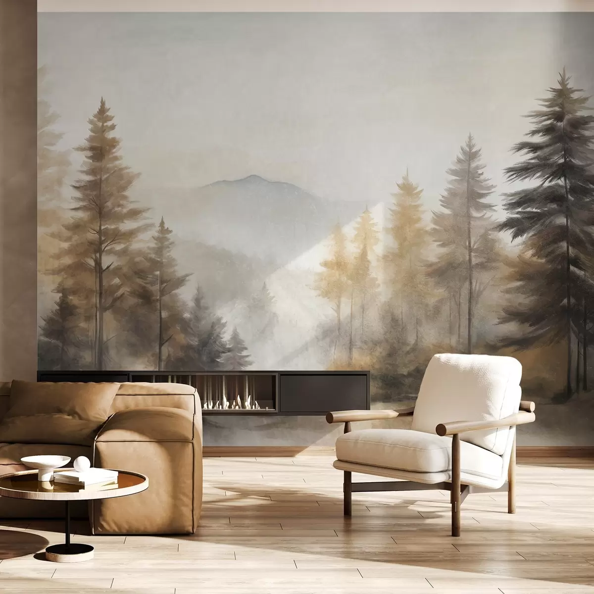 murales de pared Bosque otoñal texturizado con altos pinos y montañas al fondo, los colores son apagados y terrosos estilo pintura w09290
