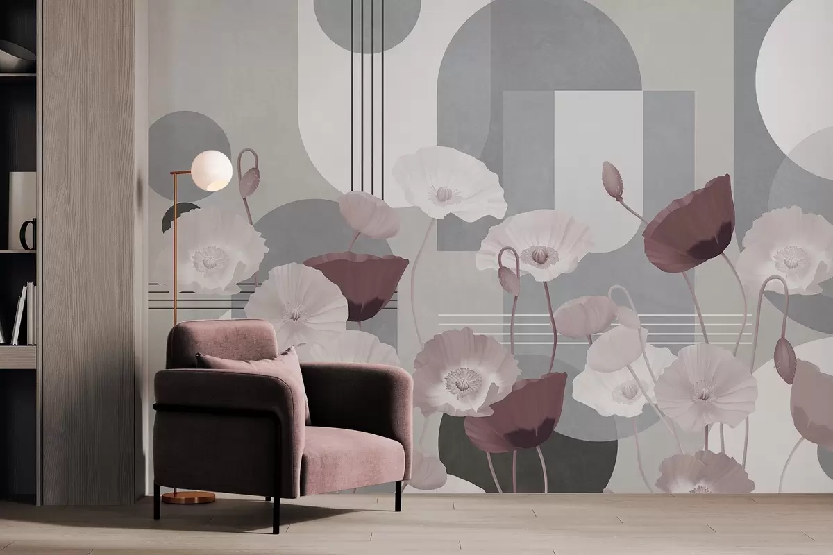 murales de pared Amapolas en colores blanco y gris con formas geométricas en el fondo, círculos y arcos, estilo minimalista, colores suaves w09289v1