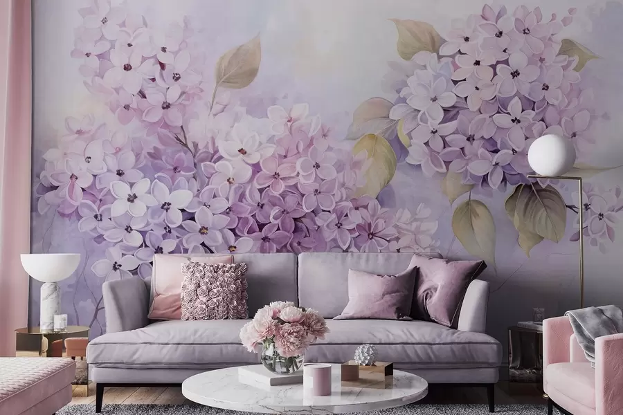 murales de pared Flores de textura lila con pétalos púrpura claro, hojas verde claro, estilo acuarela, colores suaves y pastel, pinceladas delicadas w09291
