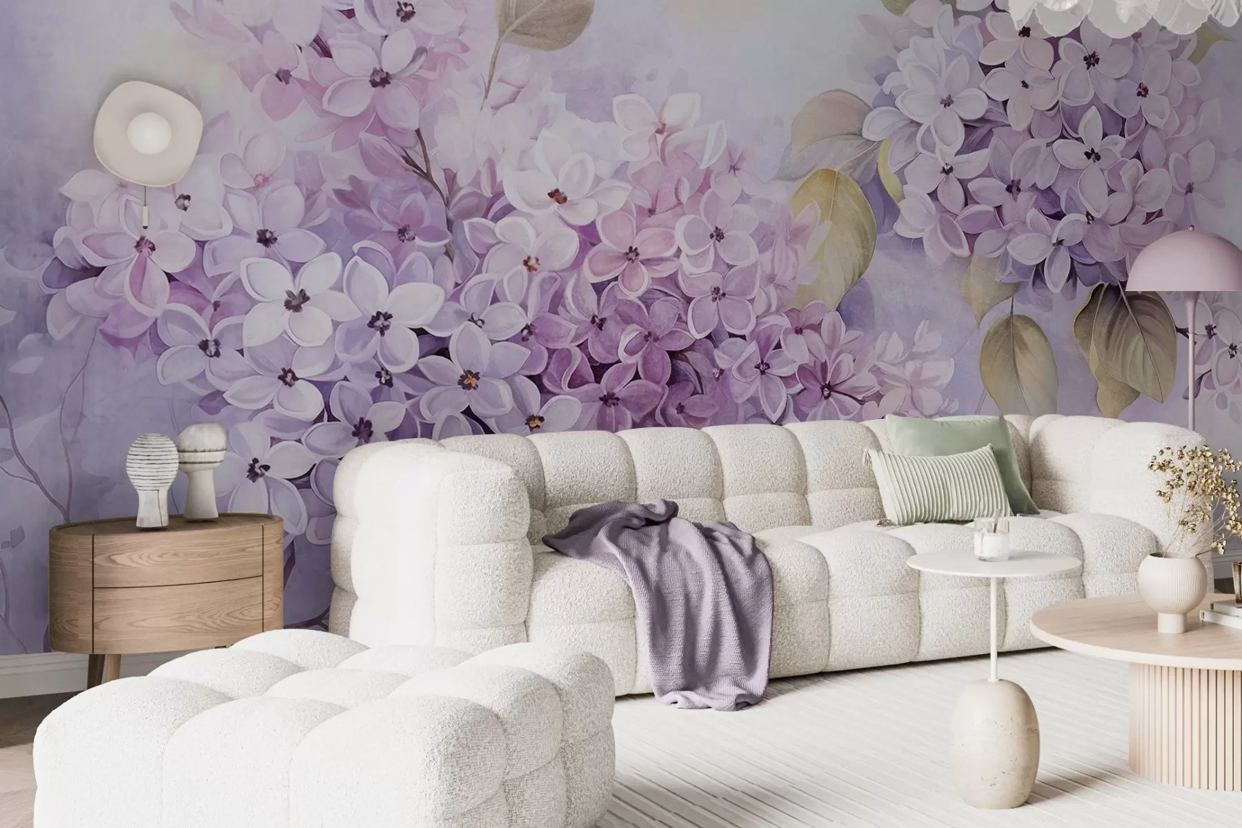 murales de pared Flores de textura lila con pétalos púrpura claro, hojas verde claro, estilo acuarela, colores suaves y pastel, pinceladas delicadas w09291