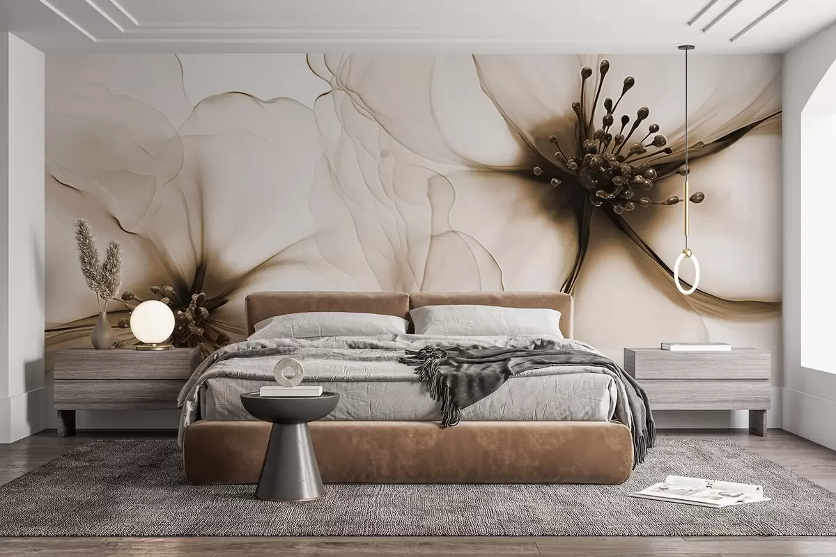murales de pared Dos flores marrones de textura translúcida con estambres visibles, pétalos delicados superpuestos y una textura suave y fluida w09295