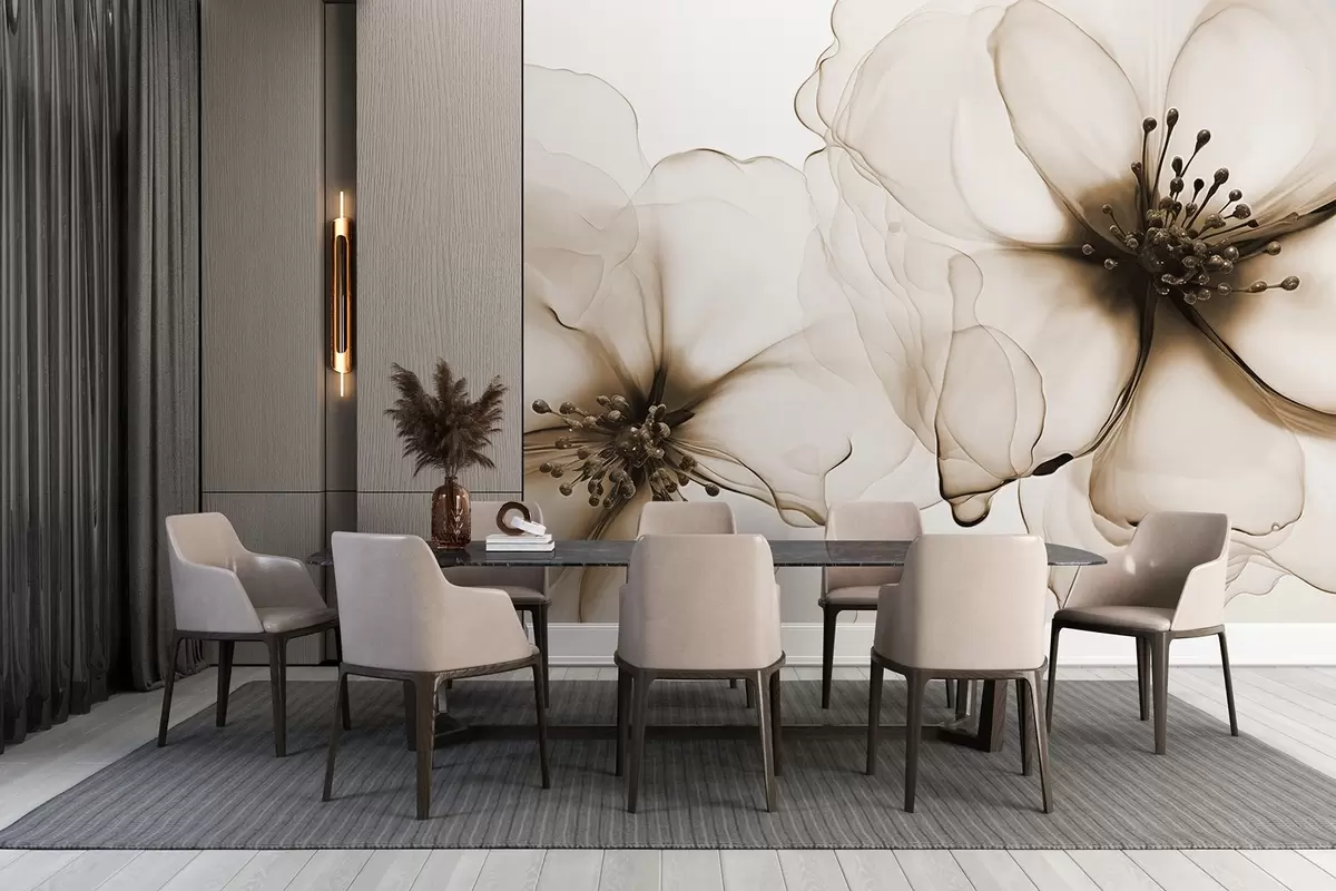 murales de pared Dos flores marrones de textura translúcida con estambres visibles, pétalos delicados superpuestos y una textura suave y fluida w09295