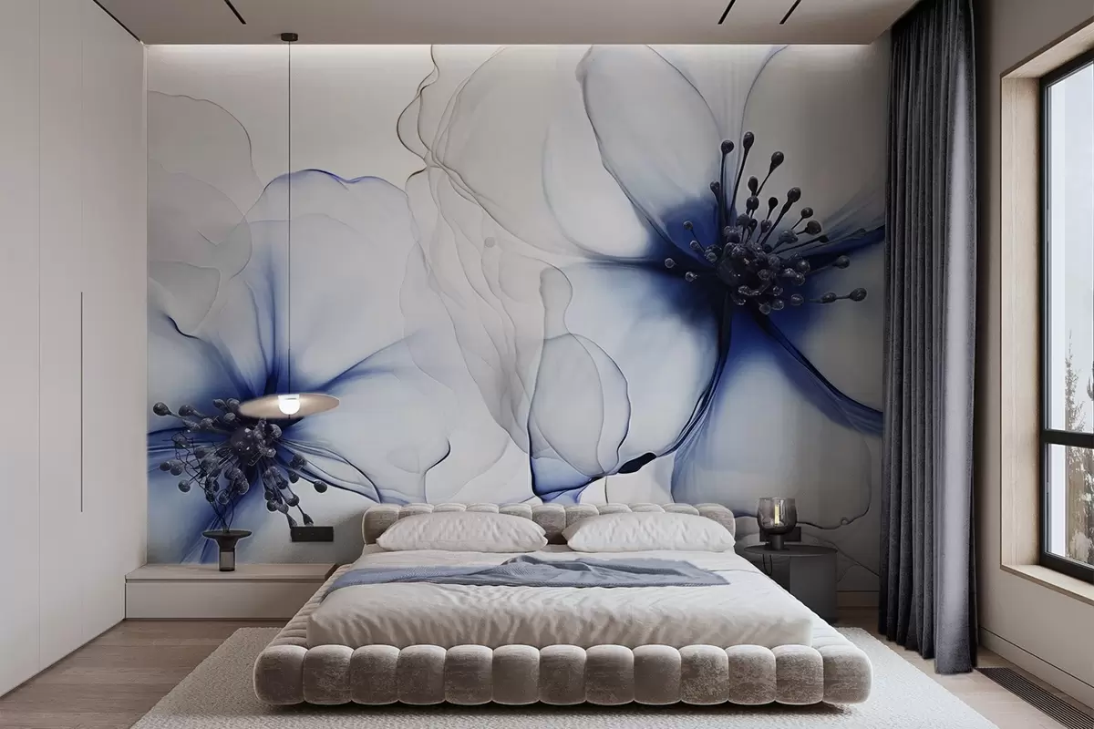 murales de pared Dos flores azules de textura translúcida con estambres visibles, delicados pétalos superpuestos y una suave textura fluida w09295v1