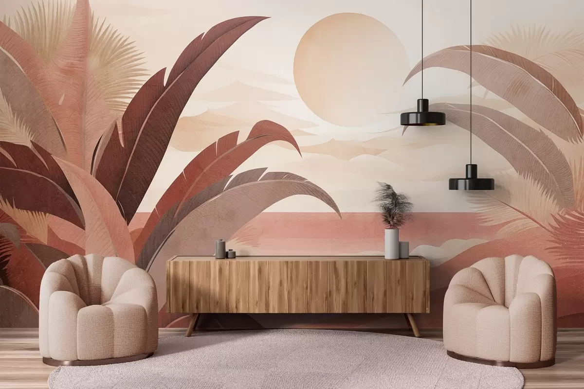 murales de pared Paisaje abstracto de textura tropical con hojas de palmera y un gran sol en el cielo, paleta de colores cálidos, estilo minimalista, estilizado w09296