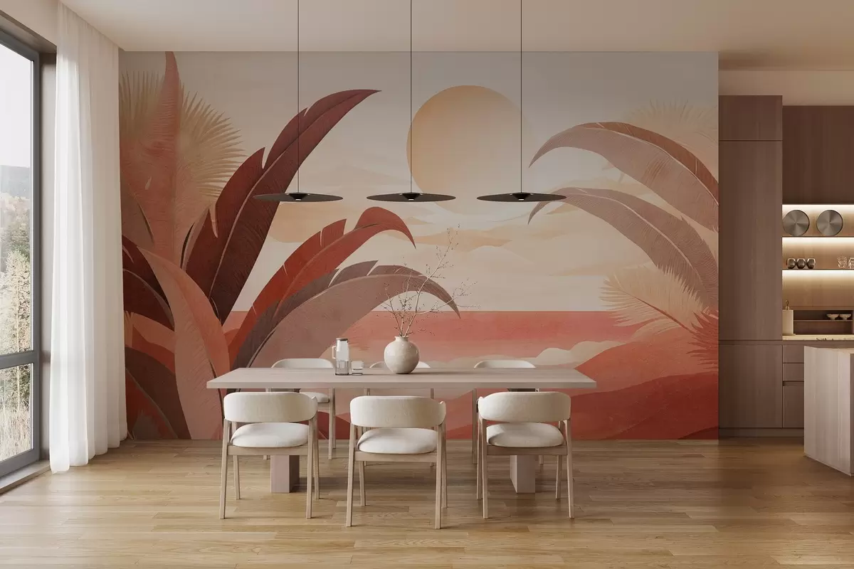 murales de pared Paisaje abstracto de textura tropical con hojas de palmera y un gran sol en el cielo, paleta de colores cálidos, estilo minimalista, estilizado w09296
