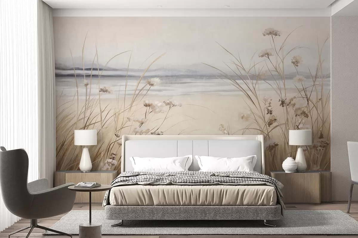 murales de pared Un campo de trigo con flores blancas en primer plano, una playa y el océano al fondo, colores pastel neutros apagados w09298