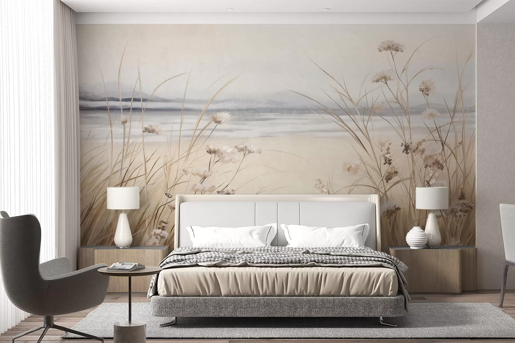 murales de pared Un campo de trigo con flores blancas en primer plano, una playa y el océano al fondo, colores pastel neutros apagados w09298