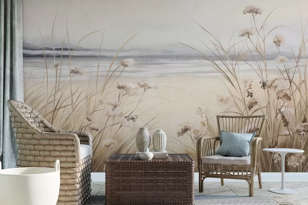 murales de pared Un campo de trigo con flores blancas en primer plano, una playa y el océano al fondo, colores pastel neutros apagados w09298