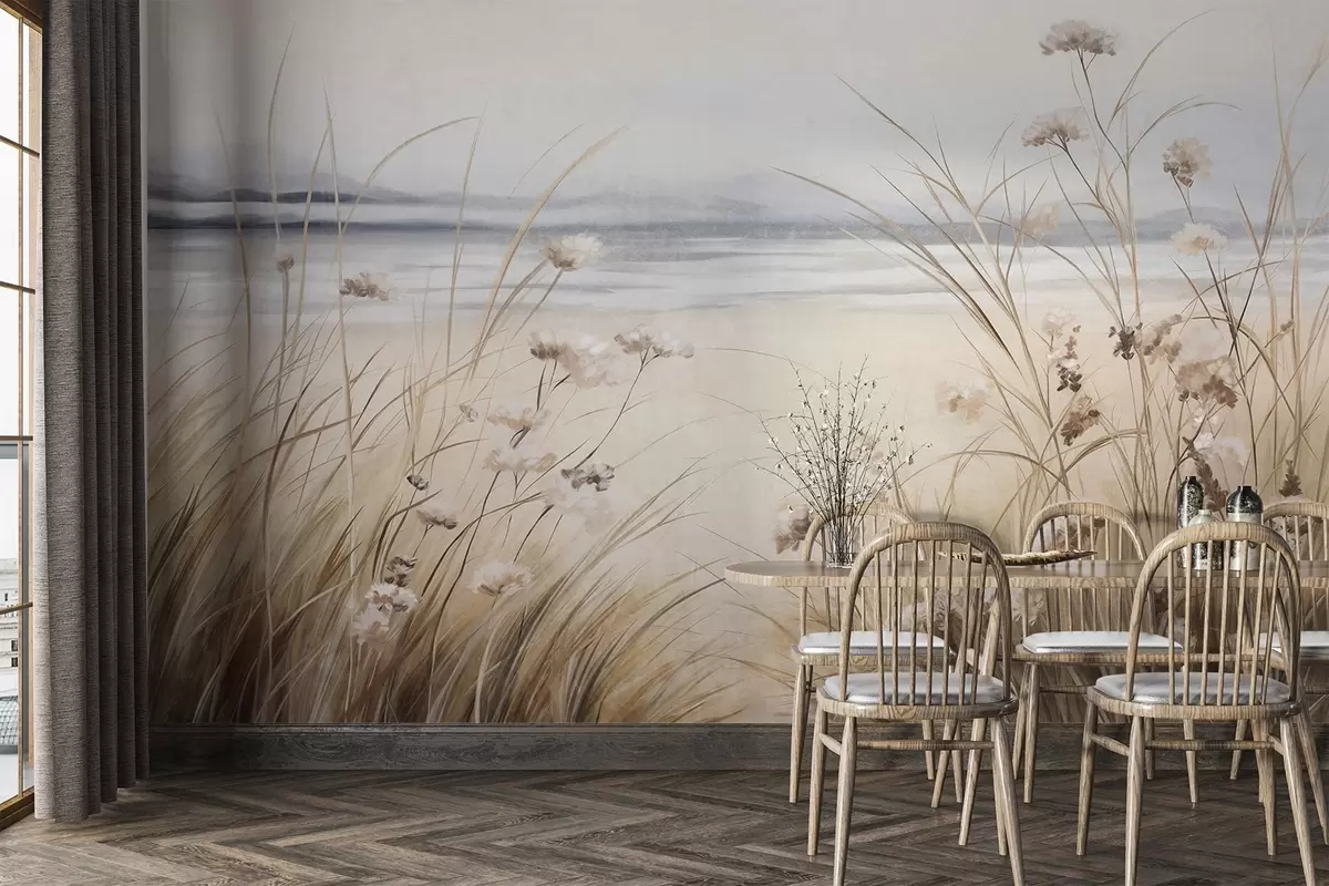 murales de pared Un campo de trigo con flores blancas en primer plano, una playa y el océano al fondo, colores pastel neutros apagados w09298