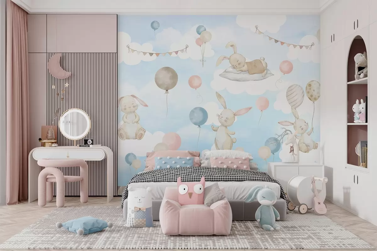 murales de pared Conejos con globos sobre nubes w04337