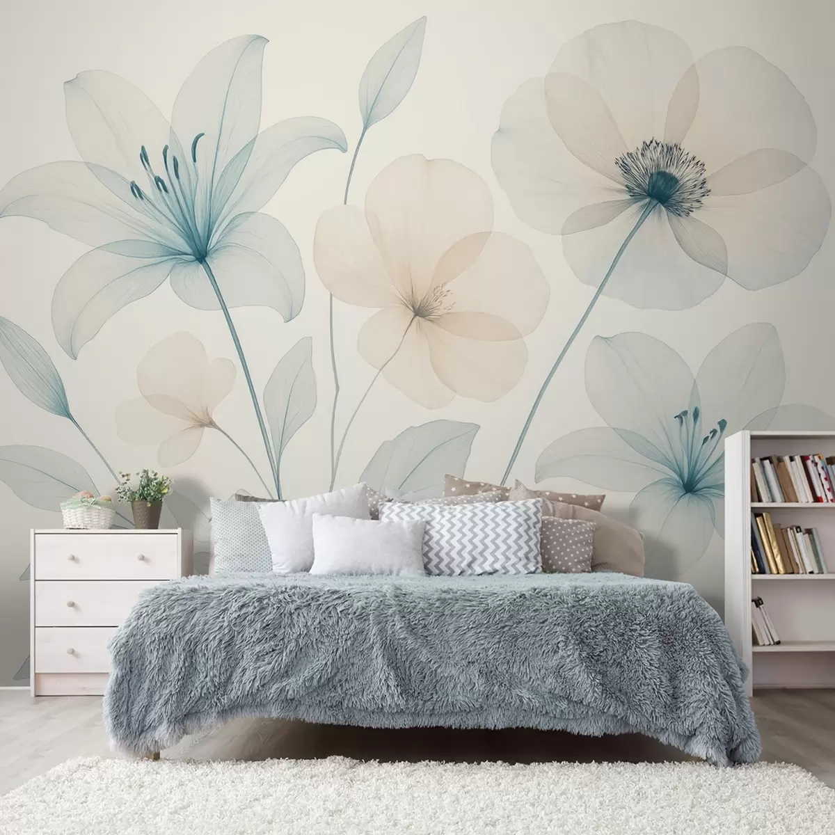 murales de pared Delicadas flores en estilo acuarela azul pastel y crema w09287