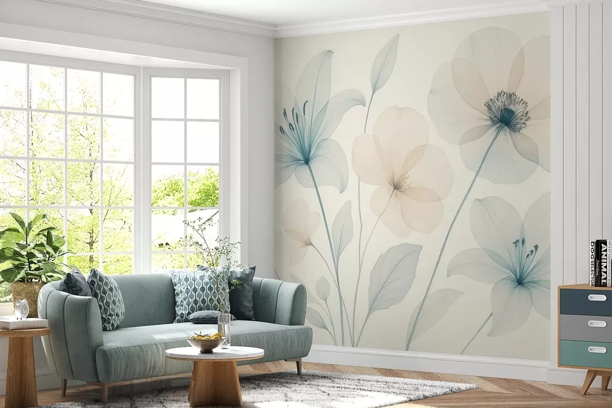 murales de pared Delicadas flores en estilo acuarela azul pastel y crema w09287