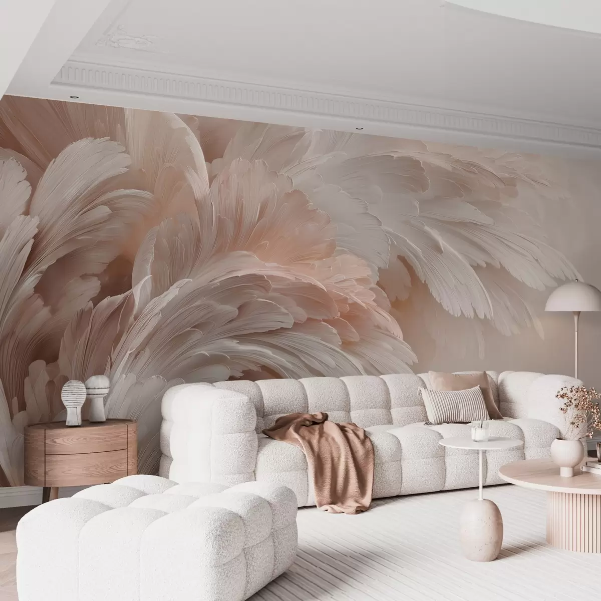 murales de pared Aireadas plumas y pétalos en tonos rosa crema w09301