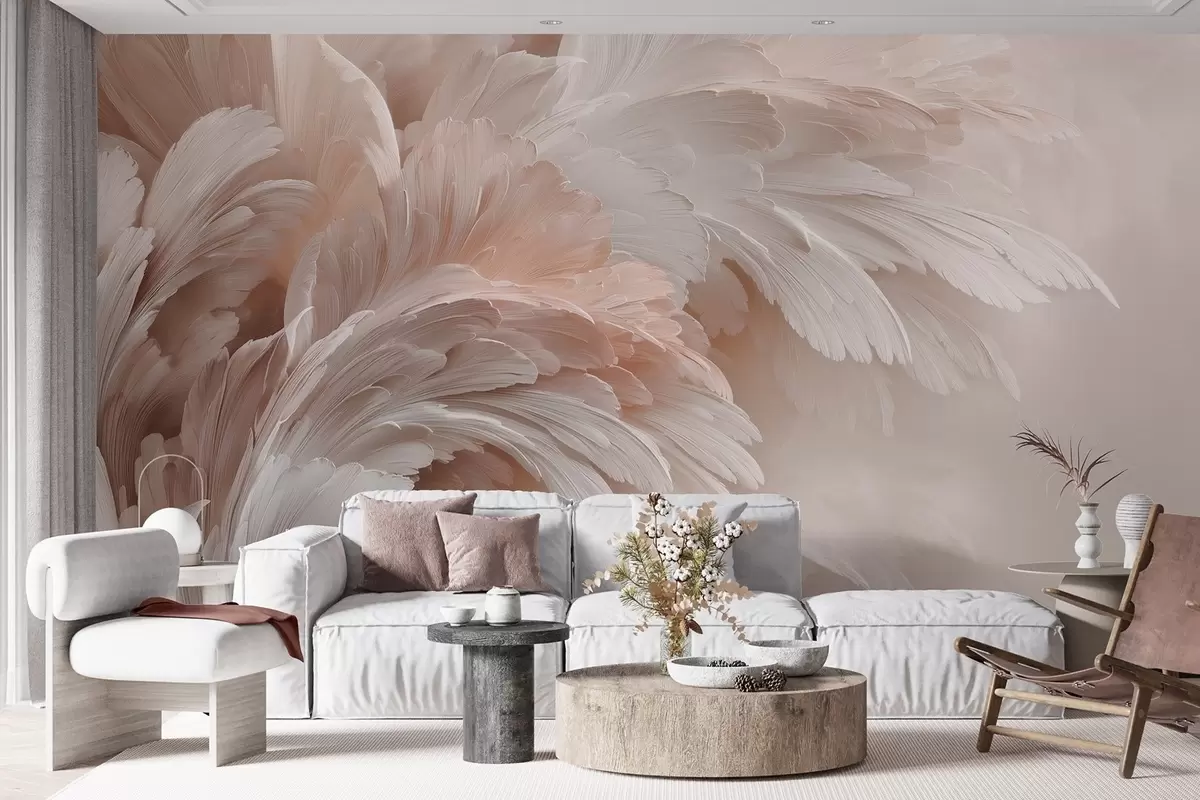murales de pared Aireadas plumas y pétalos en tonos rosa crema w09301