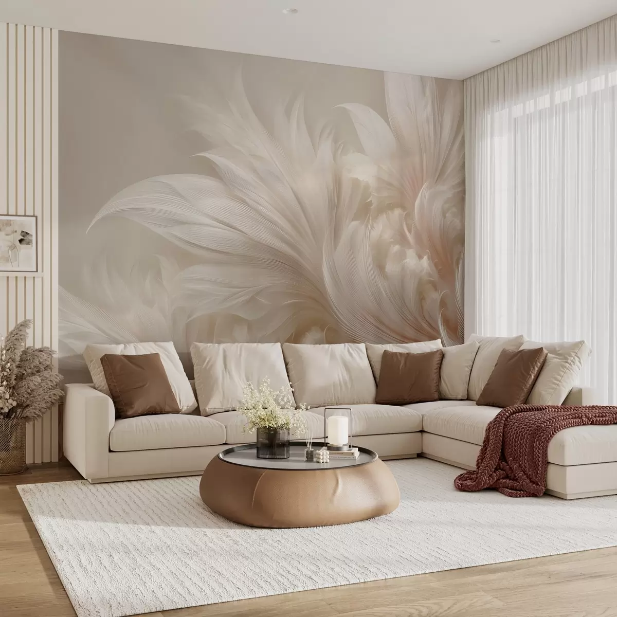 murales de pared Plumas ingrávidas en tonos crema vainilla w09302