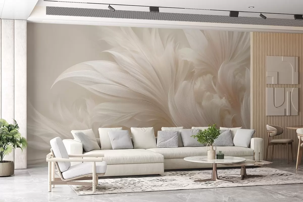 murales de pared Plumas ingrávidas en tonos crema vainilla w09302