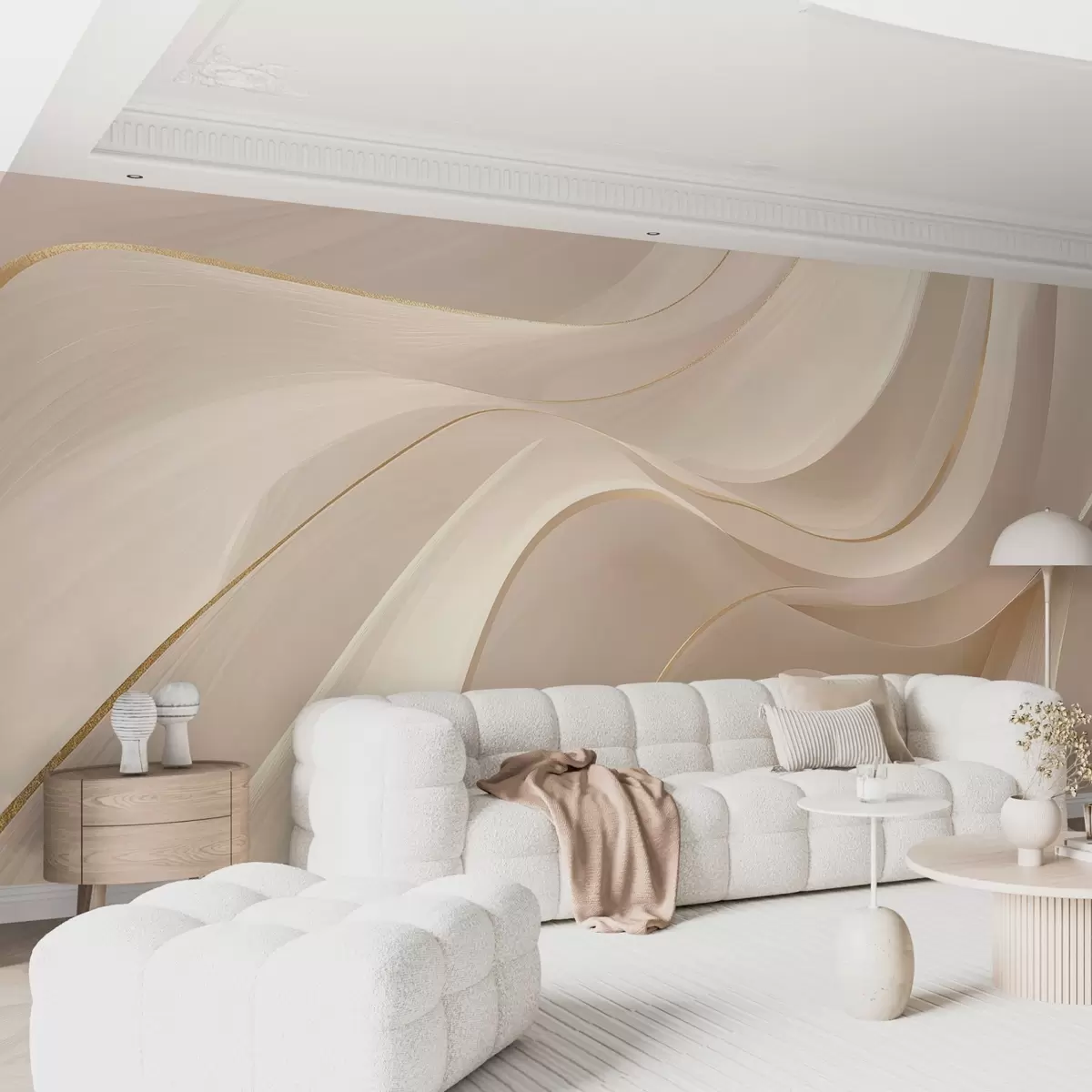 murales de pared Ondas fluidas con toques amarillos en luz cremosa w09303
