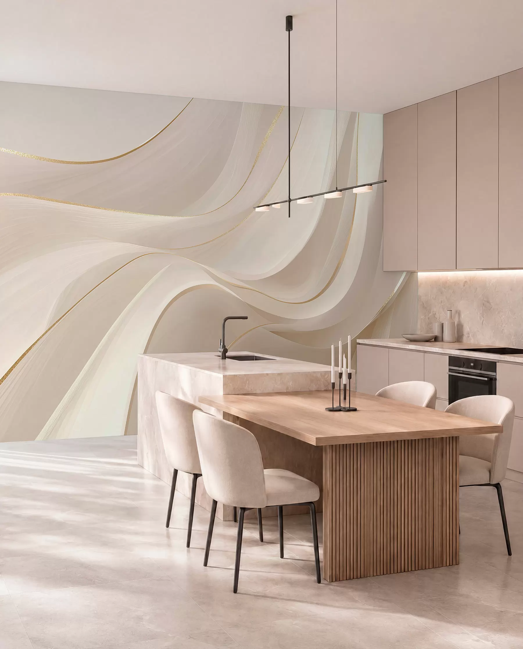 murales de pared Ondas fluidas con toques amarillos en luz cremosa w09303