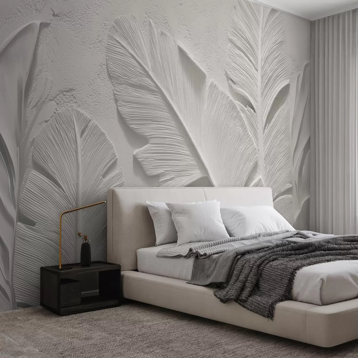murales de pared Hojas grises texturizadas sobre un fondo con relieve de yeso falso w09307