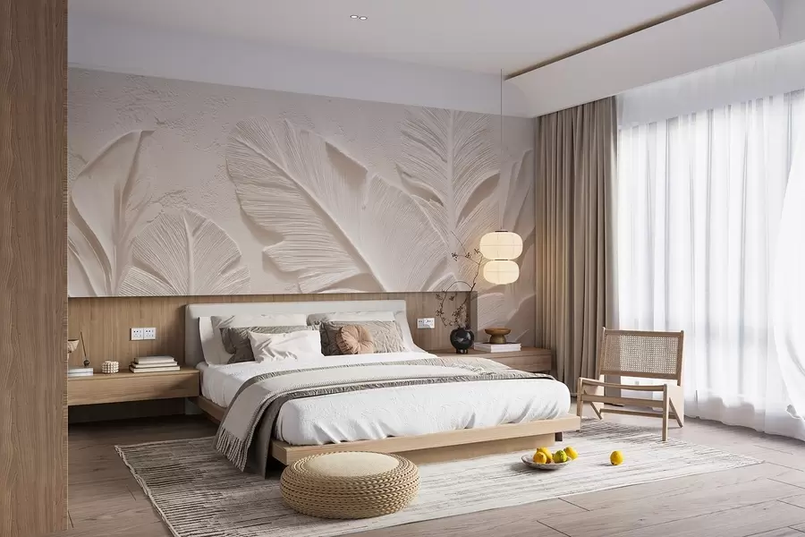 murales de pared Hojas en relieve en cálidos tonos beige-arena w09307v1