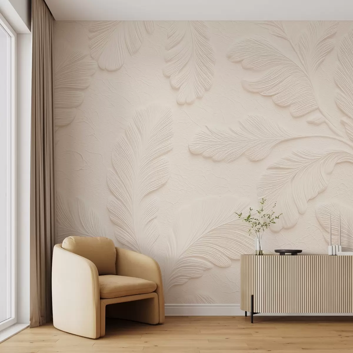 murales de pared Hojas en relieve sobre fondo claro con efecto craquelado w09309