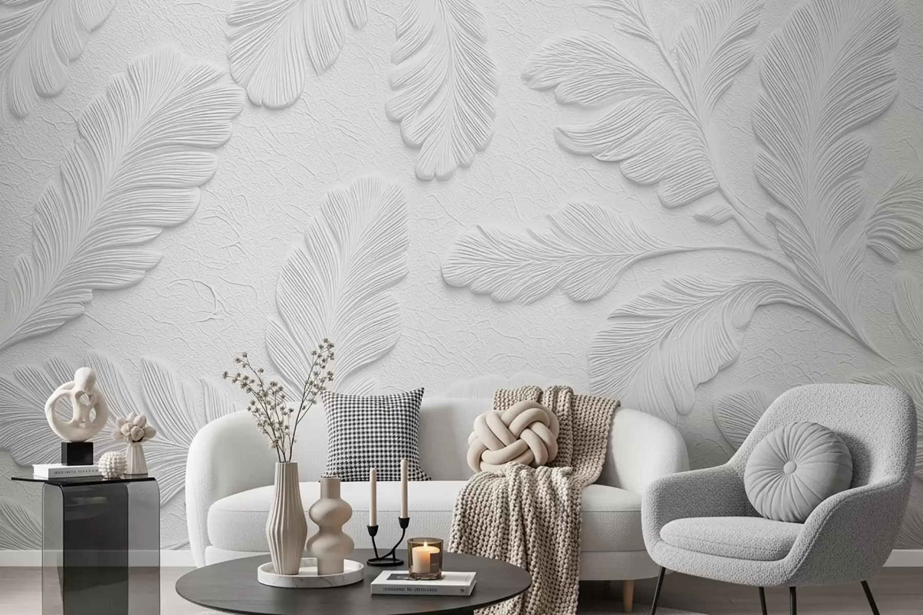 murales de pared Hojas en relieve de color gris con efecto de textura agrietada w09309v1