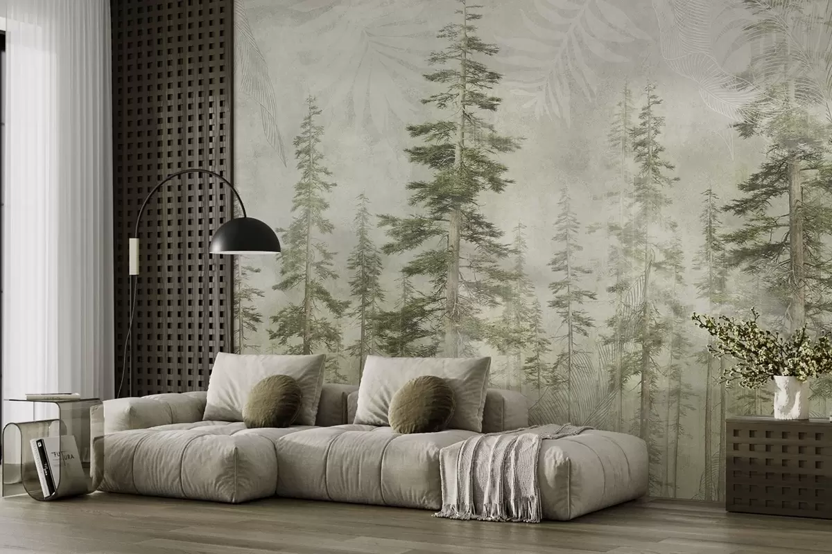 murales de pared Bosque de pinos con textura de papel vintage y finos motivos w04342