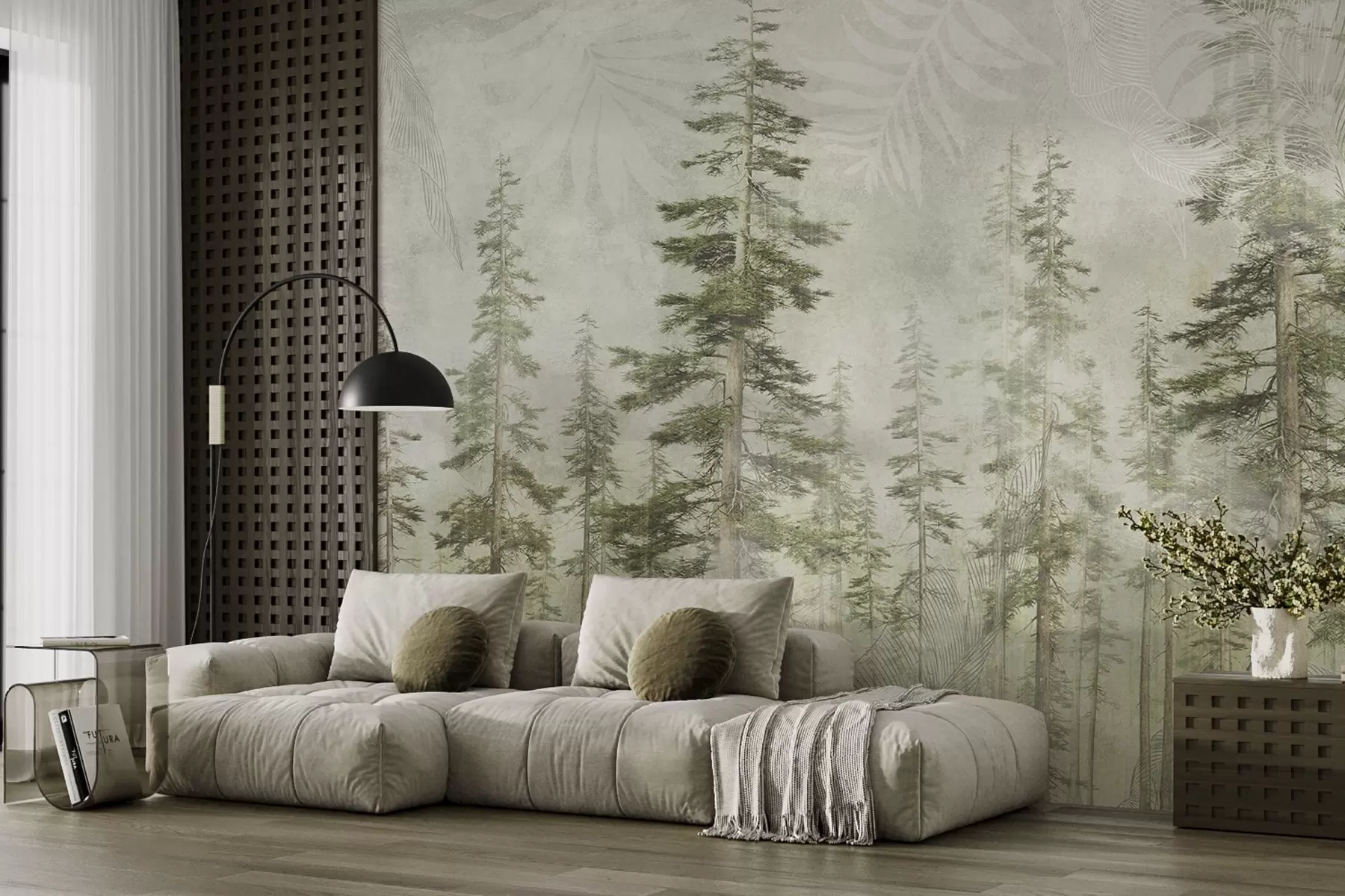 murales de pared Bosque de pinos con textura de papel vintage y finos motivos w04342