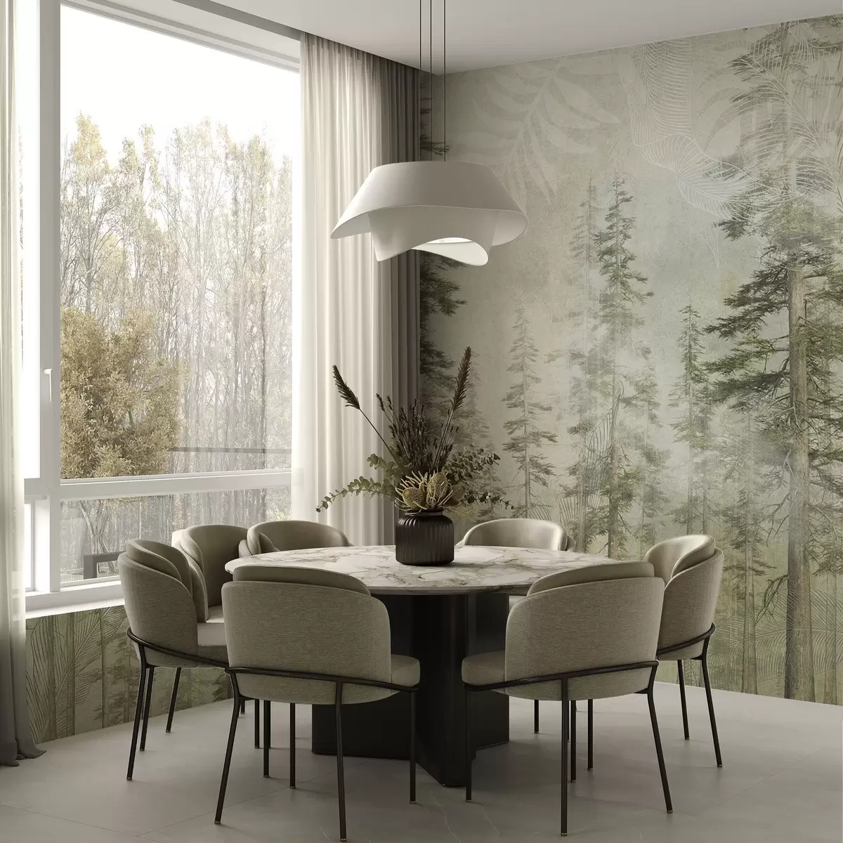 murales de pared Bosque de pinos con textura de papel vintage y finos motivos w04342