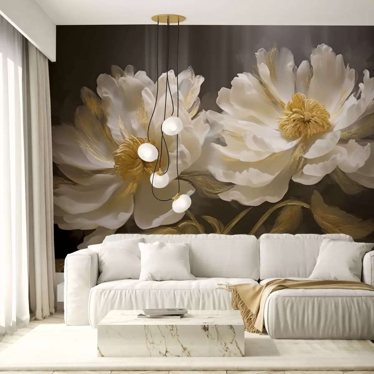 murales de pared Flores claras con reflejos sobre fondo oscuro w04344