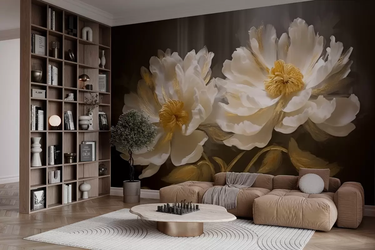 murales de pared Flores claras con reflejos sobre fondo oscuro w04344