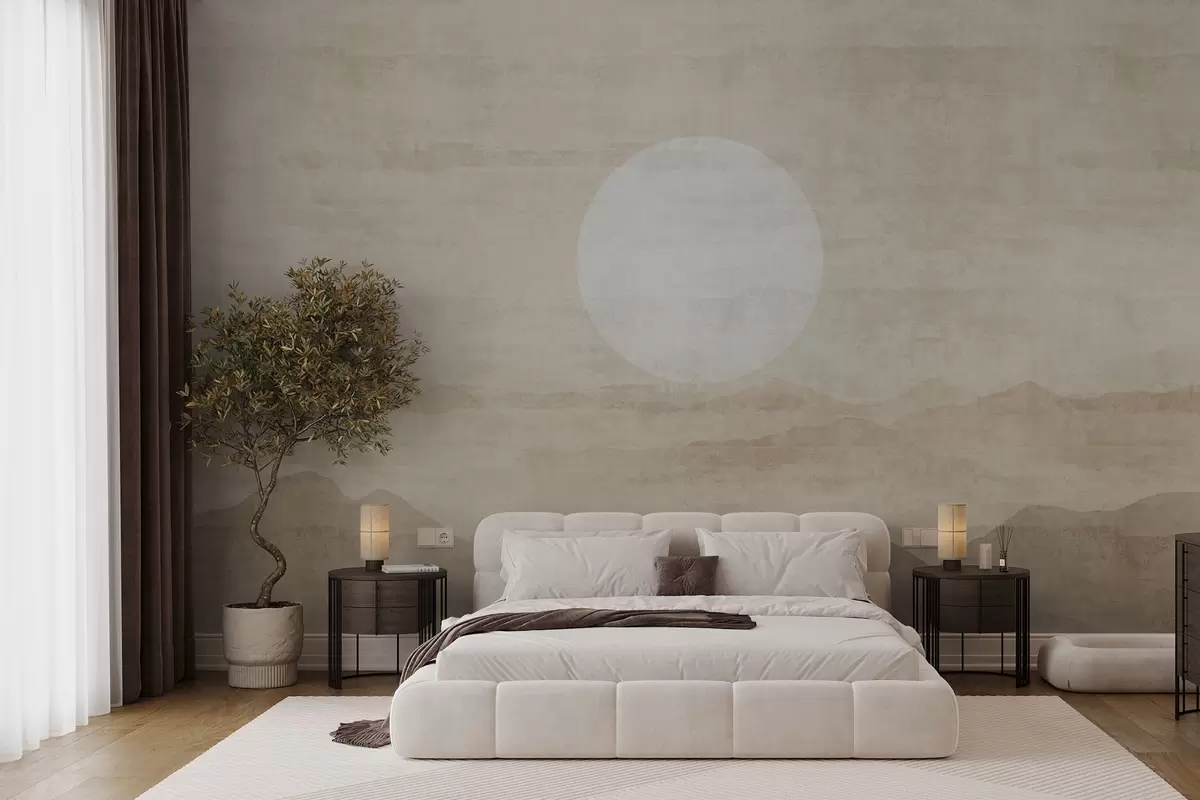 murales de pared Paisaje minimalista de montaña con un gran sol blanco w04345