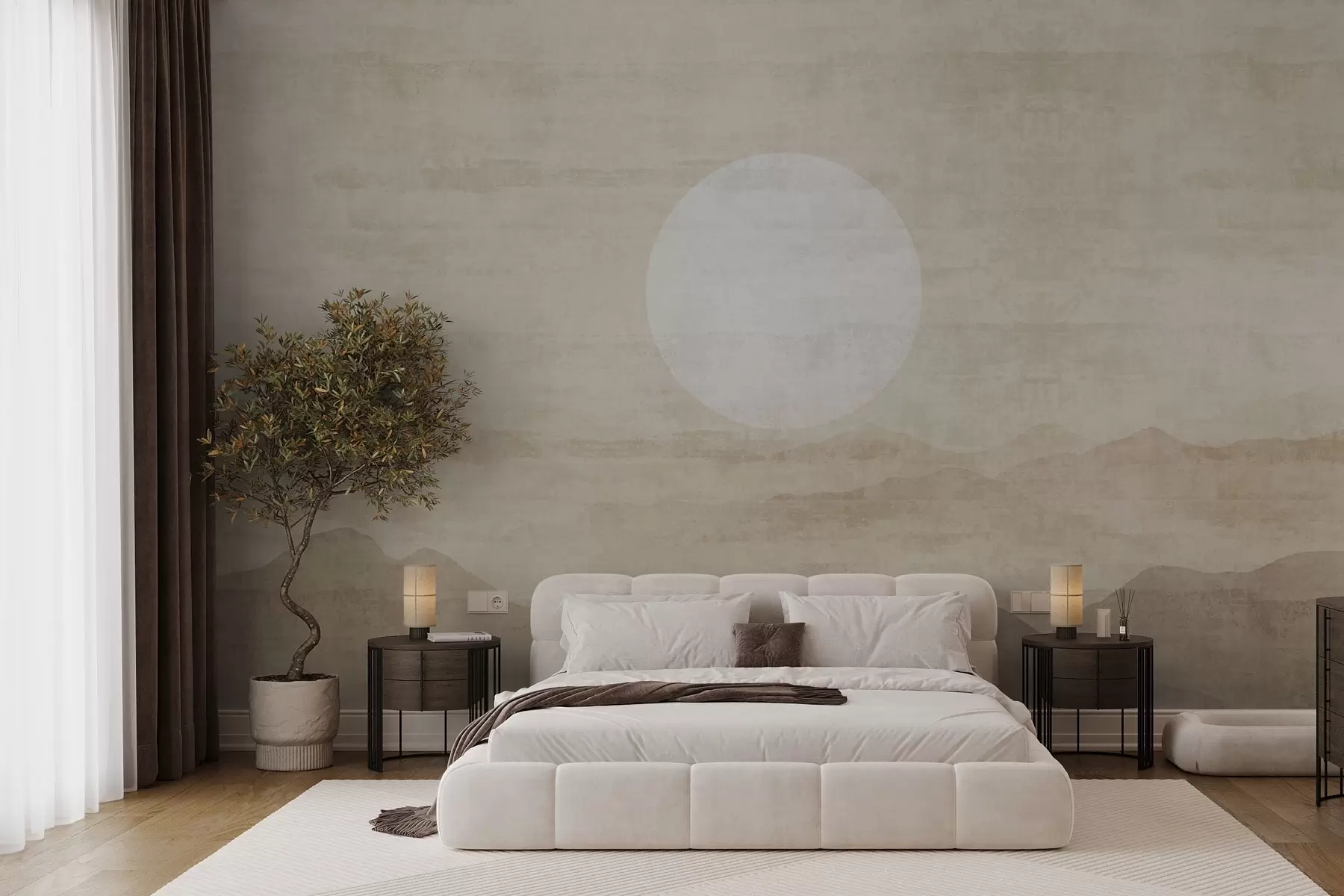 murales de pared Paisaje minimalista de montaña con un gran sol blanco w04345