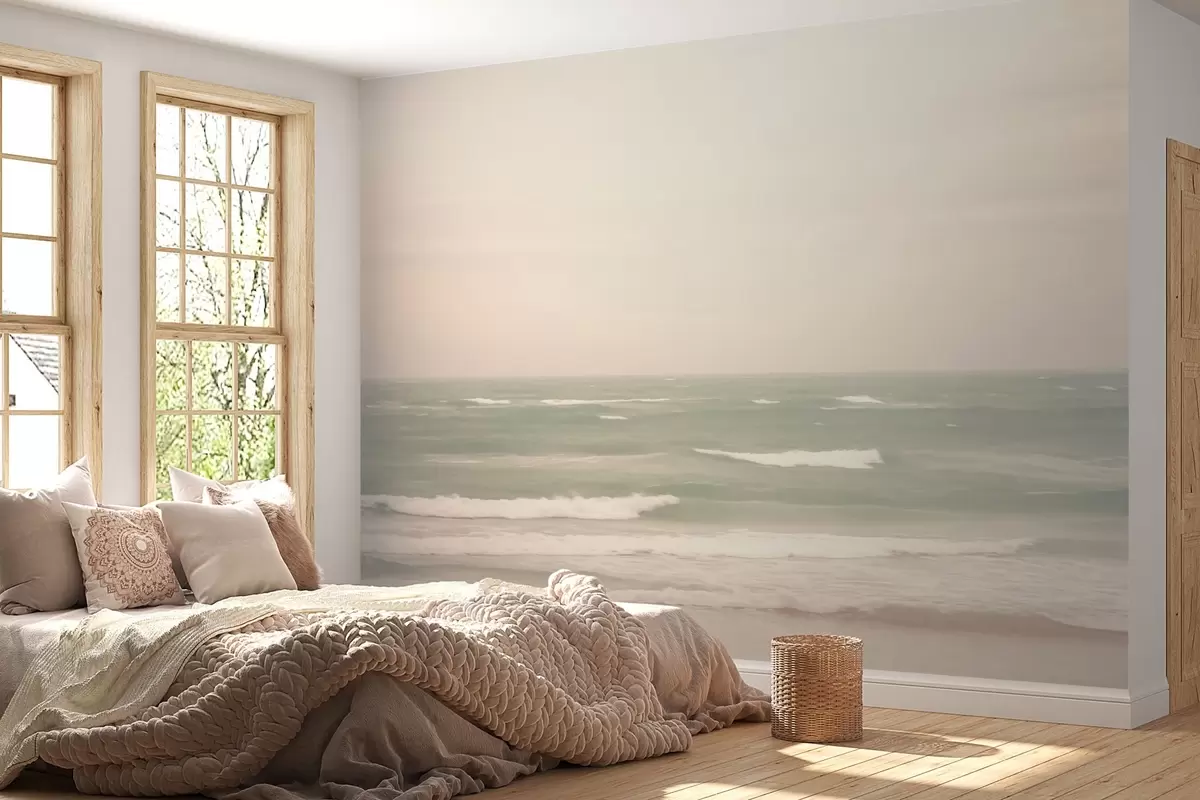 murales de pared Suave paisaje marino rosa verdoso con suaves olas w04348