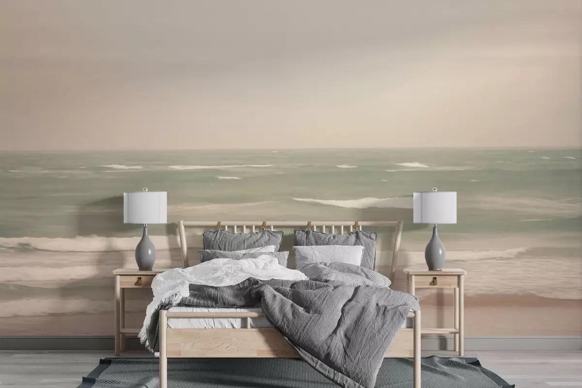murales de pared Suave paisaje marino rosa verdoso con suaves olas w04348