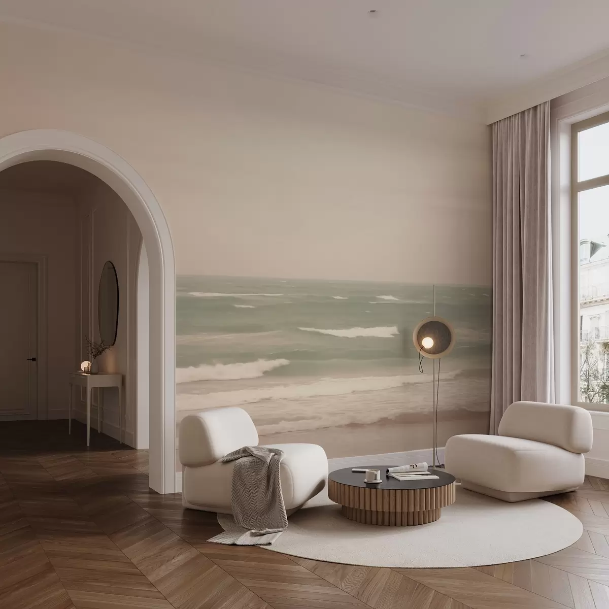 murales de pared Suave paisaje marino rosa verdoso con suaves olas w04348