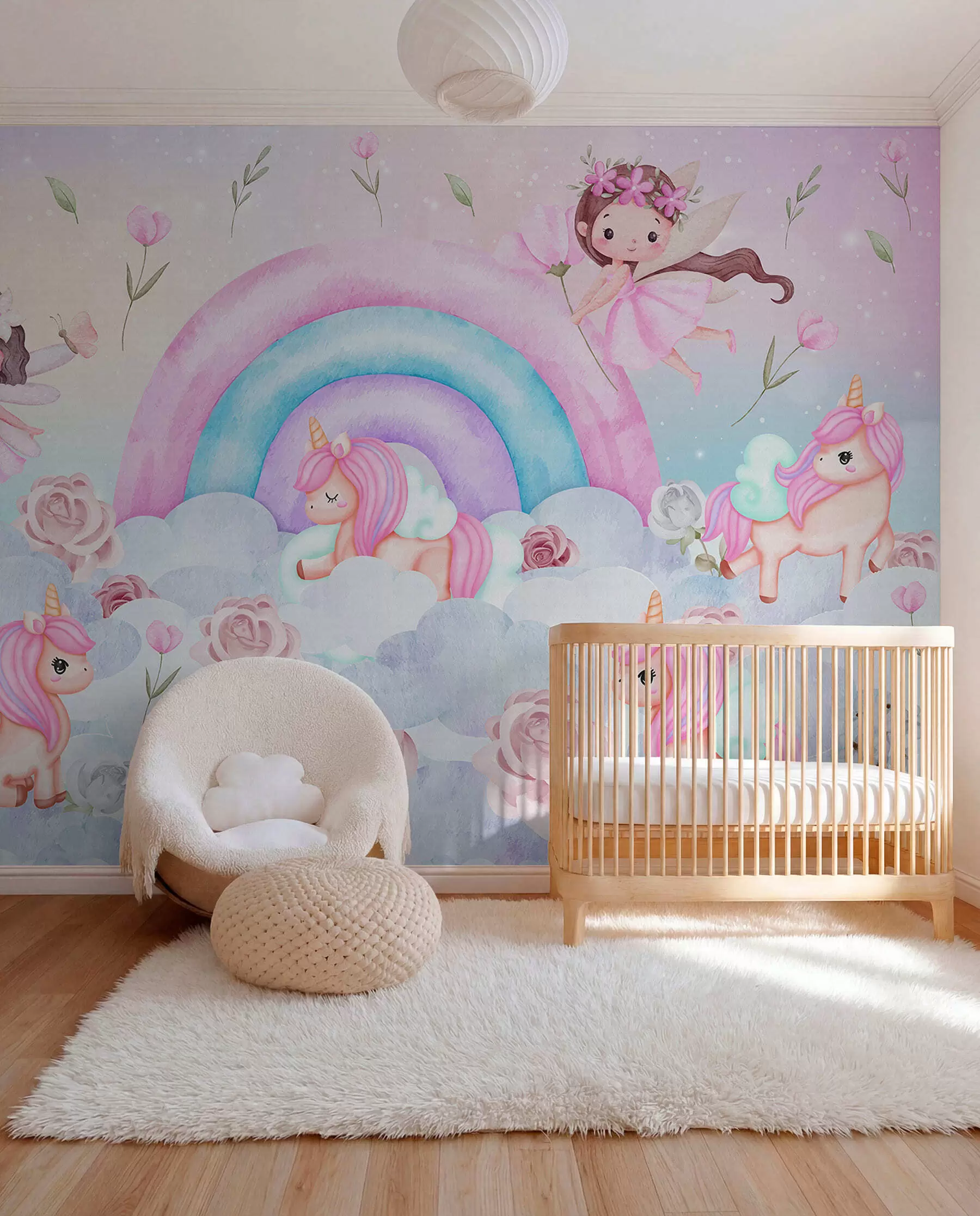 murales de pared Hadas y unicornios entre nubes y arco iris w04371