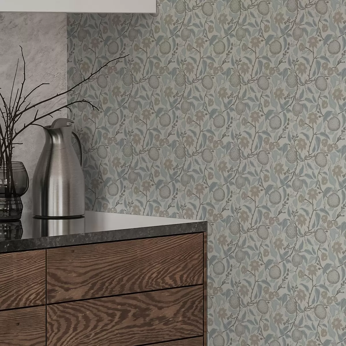 Papel pintado Granada apagada y ramas de flores en estilo vintage a00383