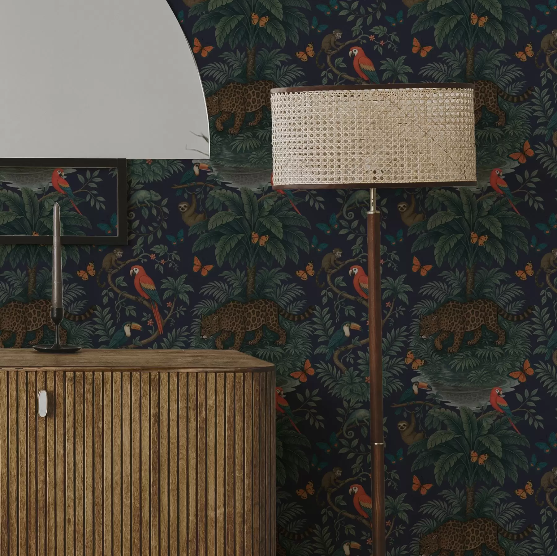 murales de pared Selva tropical con leopardo, leopardo, loros y mariposas a00388