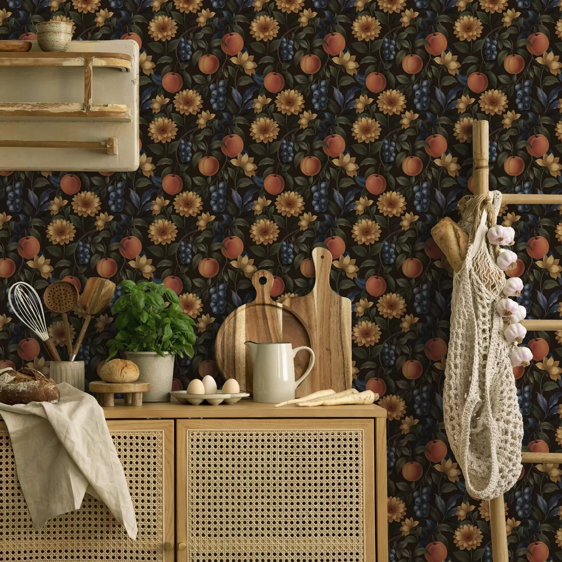 murales de pared Frutas y flores amarillas sobre fondo botánico oscuro a00395