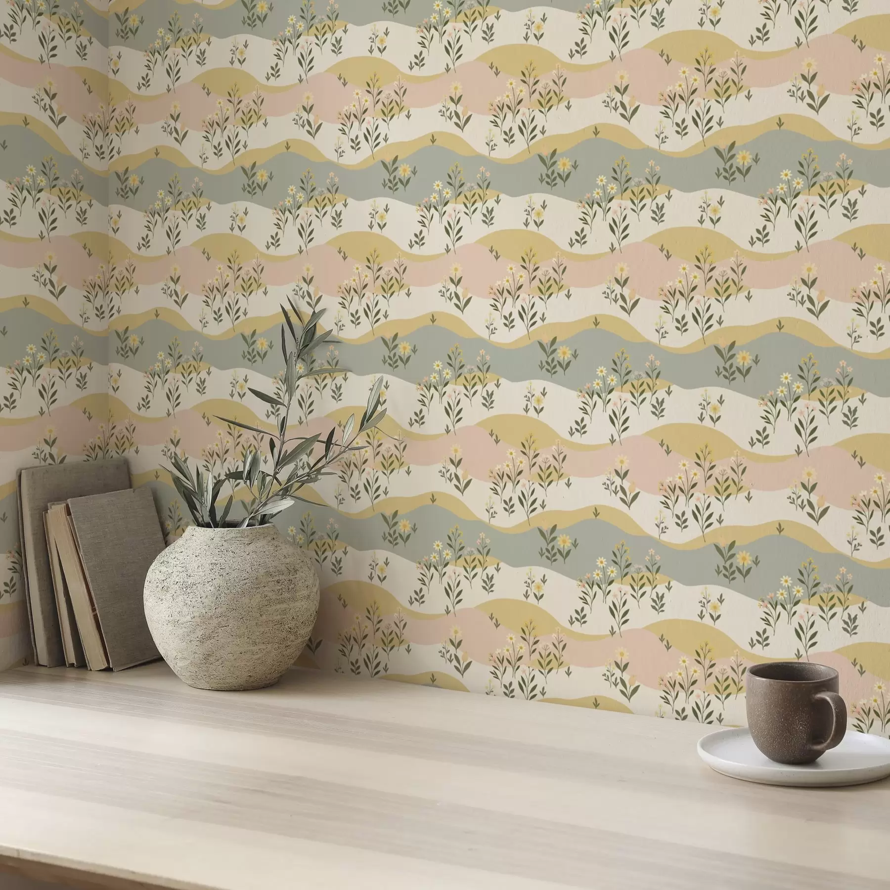 murales de pared Flores de prado onduladas en estilo minimalista pastel a00396