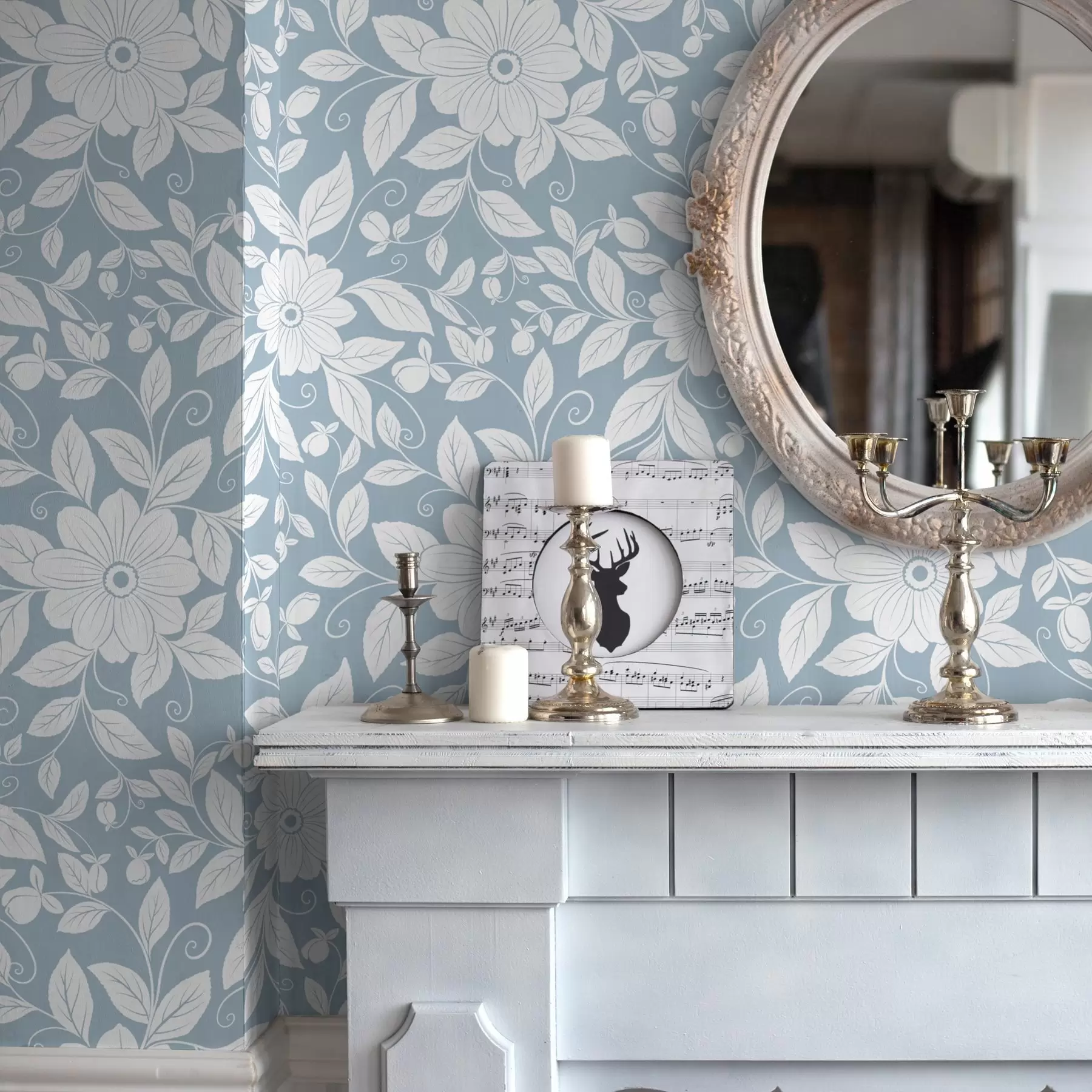 murales de pared Contorno floral blanco sobre fondo azul pastel a00452