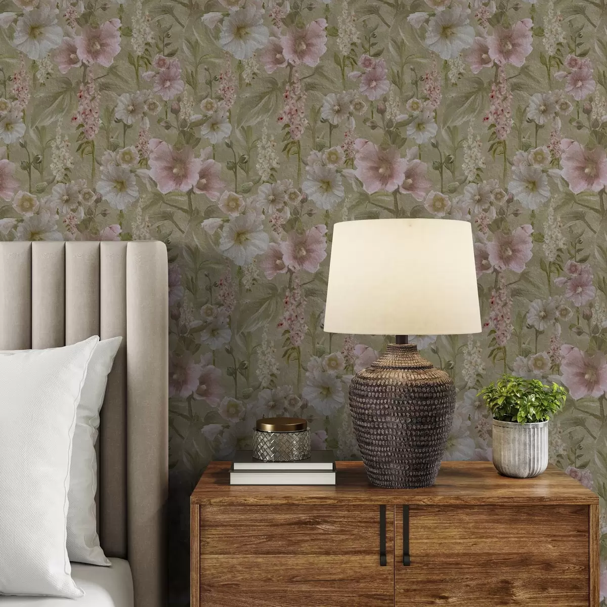 Papel pintado Románticas malvarrosas rosas y blancas sobre un verde apagado a00456