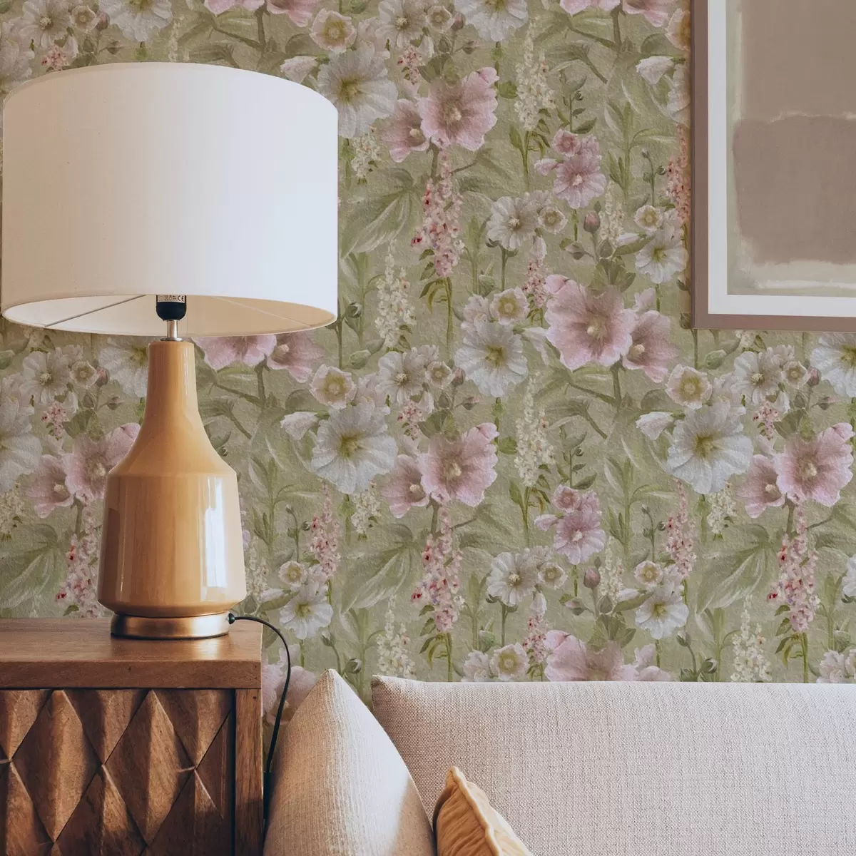 Papel pintado Románticas malvarrosas rosas y blancas sobre un verde apagado a00456