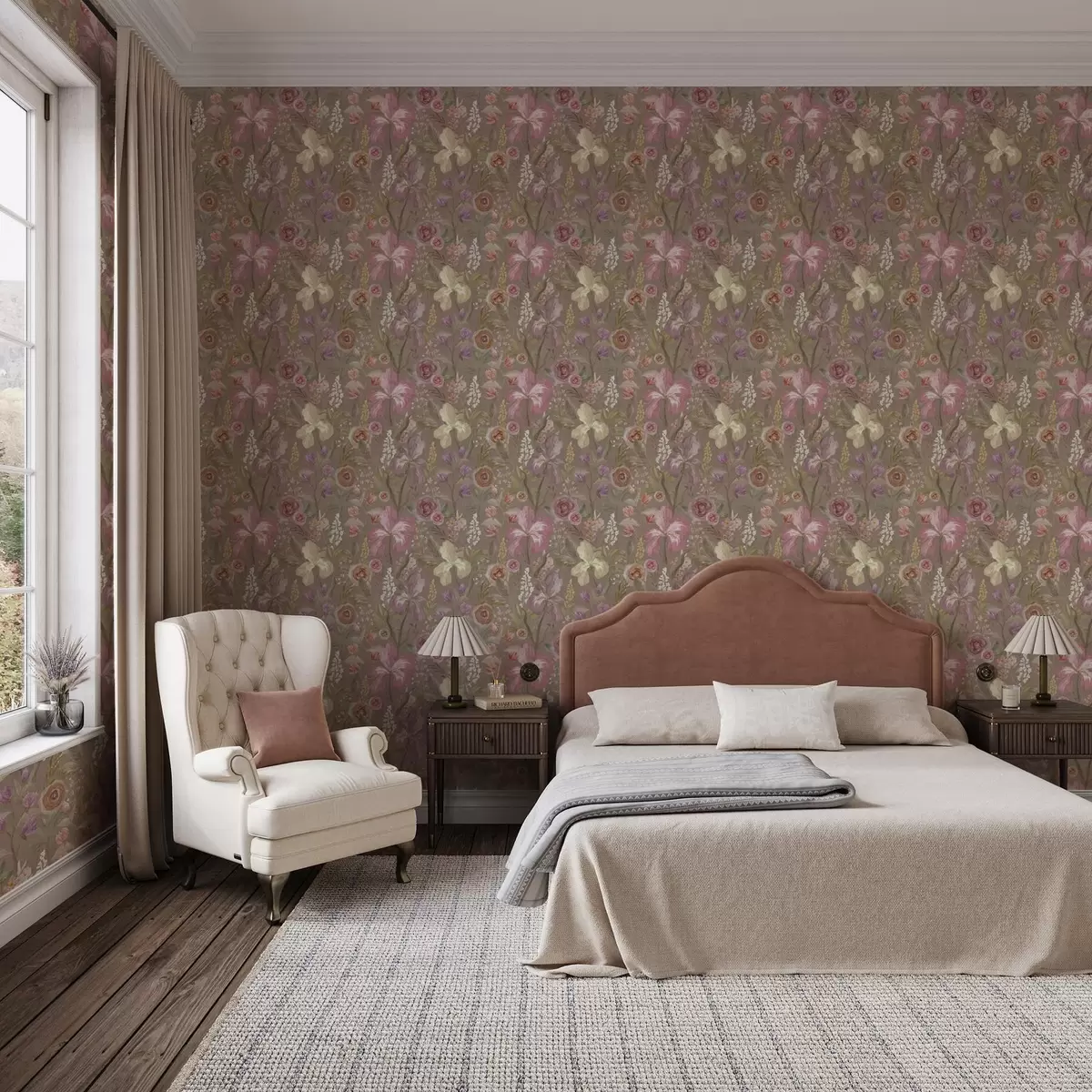 Papel pintado Vintage rosa iris patrón de flores sobre fondo beige con textura a00457